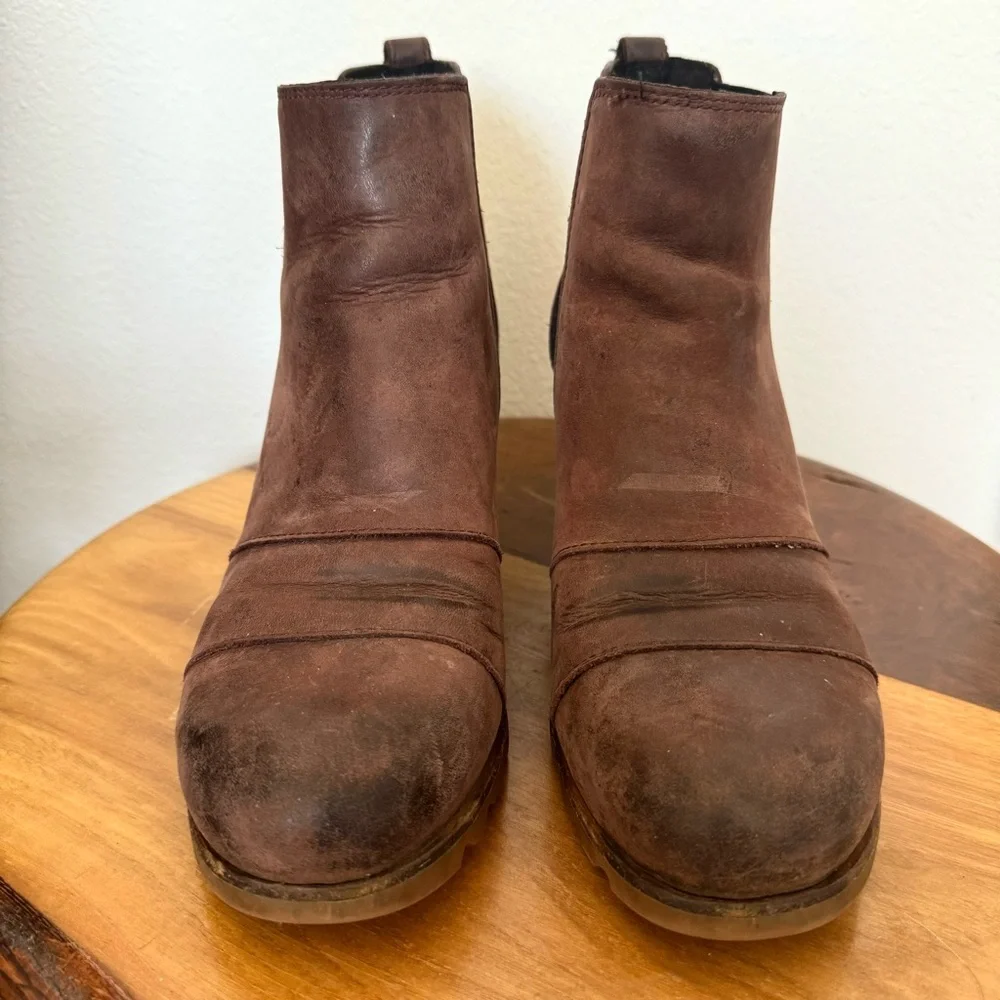 Sorel Lea Burgundy Wedge Booties Leather Pull On Boots Outdoor Fall Winter